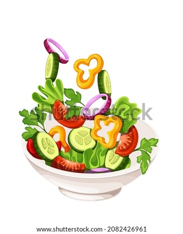 Salad falling into bowl vector illustration. Flying salad with red tomatoes, pepper, cucumber, spinach and lettuce concept cooking