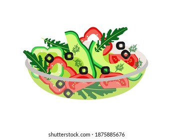 Salad. Food. Fresh vegetables and herbs. Healthy food, eco products. Delicious vegetarian snack. Vector illustration. Proper nutrition. A festive dish.