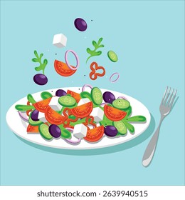 
salad, fork, food, restaurant, tomato, cucumber, pepper, onion, olives, cucumber, mozzarella, dishes, design, kitchen, kitchens, illustration, apron, menu, cover, dining room, tableware design, plate
