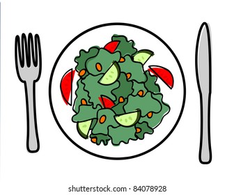 Salad with Fork and Knife - Vector Illustration. (High Resolution JPEG Version Also Available).