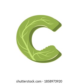 Salad in a form of letter C - vegetable lettering design.  Vector illustration.