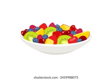 Salad with fresh fruits and berries in white plate. Vector cartoon flat illustration of healthy food.