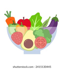 Salad of fresh vegetables and fruits in a transparent salad bowl in flat design on white background.