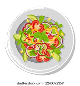 Salad of fresh vegetables and green leaves. Vegetables in a plate on a white background.