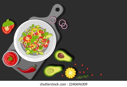 Salad of fresh vegetables and green leaves. Vegetables in a plate on a white background.