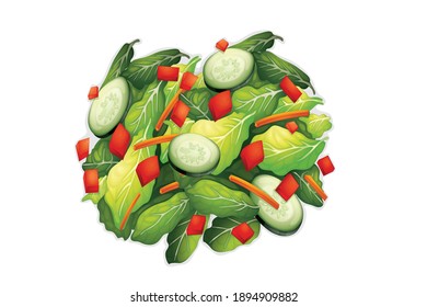 Salad of fresh vegetables and herbs. Appetizer with radish, avocado and mung bean salad. Concept of healthy eating. Vitamins for immunity. Food for vegetarians vector illustration isolated on white ba