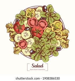 Salad in graphic style. Corn salad. Lettuce, cherry tomatoes, cucumbers, peppers. Bowl food. Vector Hand Drawn. Sketch Botanical Illustration. Eco healthy food. Superfood.