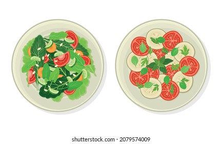 Salad of Green Vegetables and Sliced Tomato and Cucumber as Vegetarian Dish Above View Vector Set