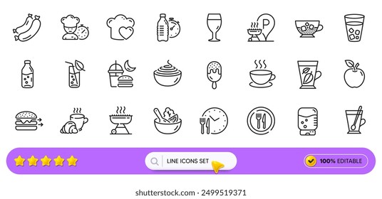 Salad, Grill place and Chef line icons for web app. Pack of Food time, Sausage, Night eat pictogram icons. Water glass, Tea mug, Ice tea signs. Water bottle, Coffee break, Cappuccino. Vector