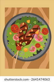 Salad with grilled meat kebab, shrimp, tomato, onion and avocado. Served on a plate with wooden background. Suitable for food menu, recipe, lunch ideas or nutrition content