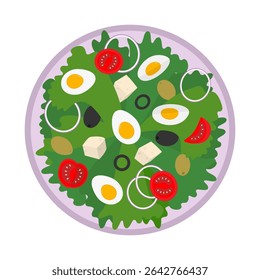 Salad with Hard Boiled Eggs Olives Cheese Cubes Tomato slices and green Leaves on a lavender plate
