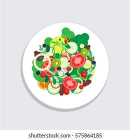 Salad and Healthy food with vegetable, tomato, onion, lemon, orange, grape and cucumber. Salad Organic vector food illustration.  