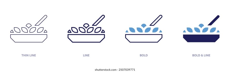 Icono de ensalada en 4 estilos diferentes. Línea delgada, línea, negrita y línea negrita. Estilo duotono. Trazo editable.