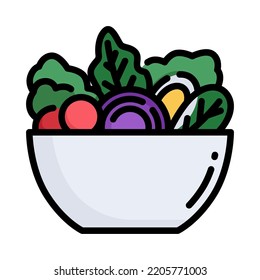 Salad icon. Filled outline design. Green salad with tomato and fresh vegetables isolated on white background. For presentation, graphic design, mobile application. Vector Illustration.