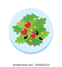 Icono de ensalada. Ilustración plana de hojas de ensalada y verduras frescas sobre un plato aislado en un fondo blanco. Vector 10 EPS.