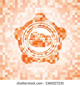 salad icon inside abstract emblem, orange mosaic background