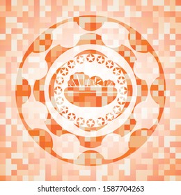 salad icon inside abstract emblem, orange mosaic background