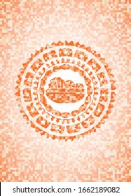 salad icon inside abstract emblem, orange mosaic background