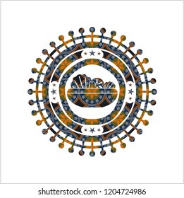 salad icon inside arabic badge. Arabesque decoration.