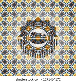 salad icon inside arabic emblem background. Arabesque decoration.