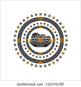salad icon inside arabic style badge. Arabesque decoration.