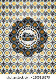 salad icon inside arabic style emblem. Arabesque decoration.