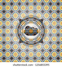 salad icon inside arabic style badge. Arabesque decoration.