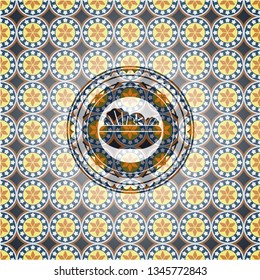 salad icon inside arabic style badge. Arabesque decoration.