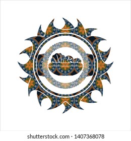 salad icon inside arabic style badge. Arabesque decoration.
