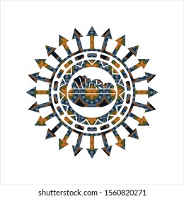 salad icon inside arabic style emblem. Arabesque decoration.