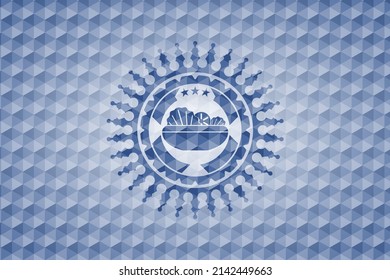 Salatsymbol in blauem Schild mit geometrischem Muster. 