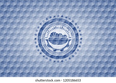 salad icon inside blue emblem or badge with geometric pattern background.