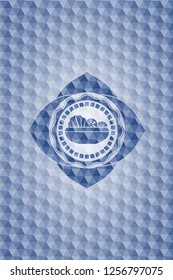 salad icon inside blue emblem with geometric background.