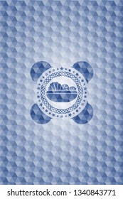 salad icon inside blue emblem with geometric pattern.