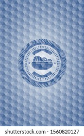 salad icon inside blue emblem with geometric pattern background.