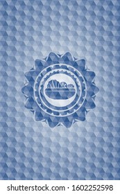 salad icon inside blue emblem with geometric background.