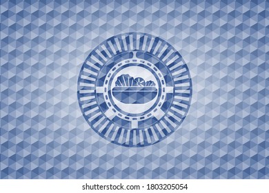 icono de ensalada dentro del emblema azul o de la placa con fondo de patrón geométrico abstracto. 