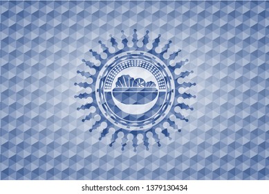 salad icon inside blue polygonal emblem.