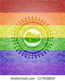 salad icon inside emblem on mosaic background with the colors of the LGBT flag