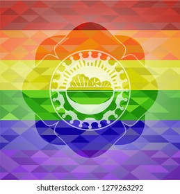 salad icon inside emblem on mosaic background with the colors of the LGBT flag