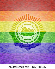 salad icon inside emblem on mosaic background with the colors of the LGBT flag