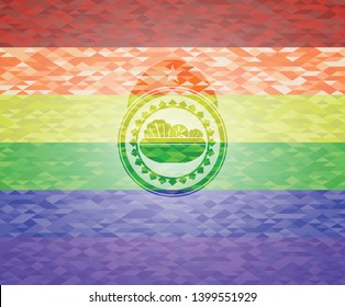 salad icon inside emblem on mosaic background with the colors of the LGBT flag