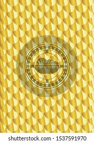 salad icon inside gold shiny emblem. Scales pattern. Vector Illustration. Detailed.