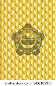 salad icon inside golden emblem or badge. Scales pattern. Vector Illustration. Detailed.