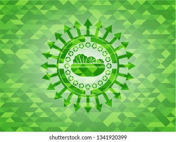 salad icon inside green emblem with mosaic background