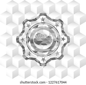 salad icon inside grey emblem with geometric cube white background
