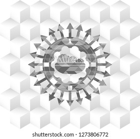 salad icon inside grey emblem with cube white background