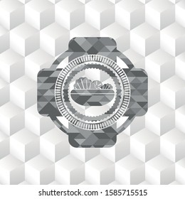 salad icon inside grey emblem with geometric cube white background