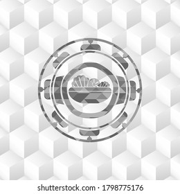 salad icon inside grey emblem with cube white background. 