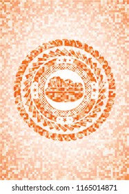 salad icon inside orange tile background illustration. Square geometric mosaic seamless pattern with emblem inside.